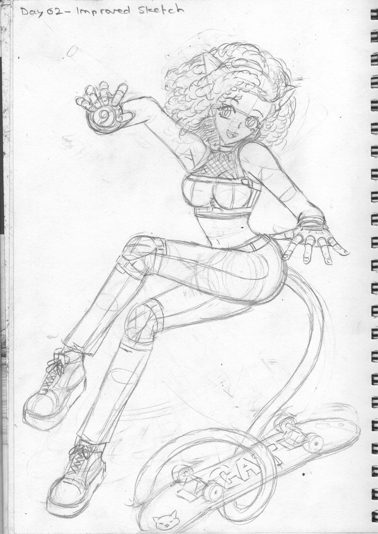 Graphite drawing of a cat-eared girl mid-air on a skateboard against open sky.