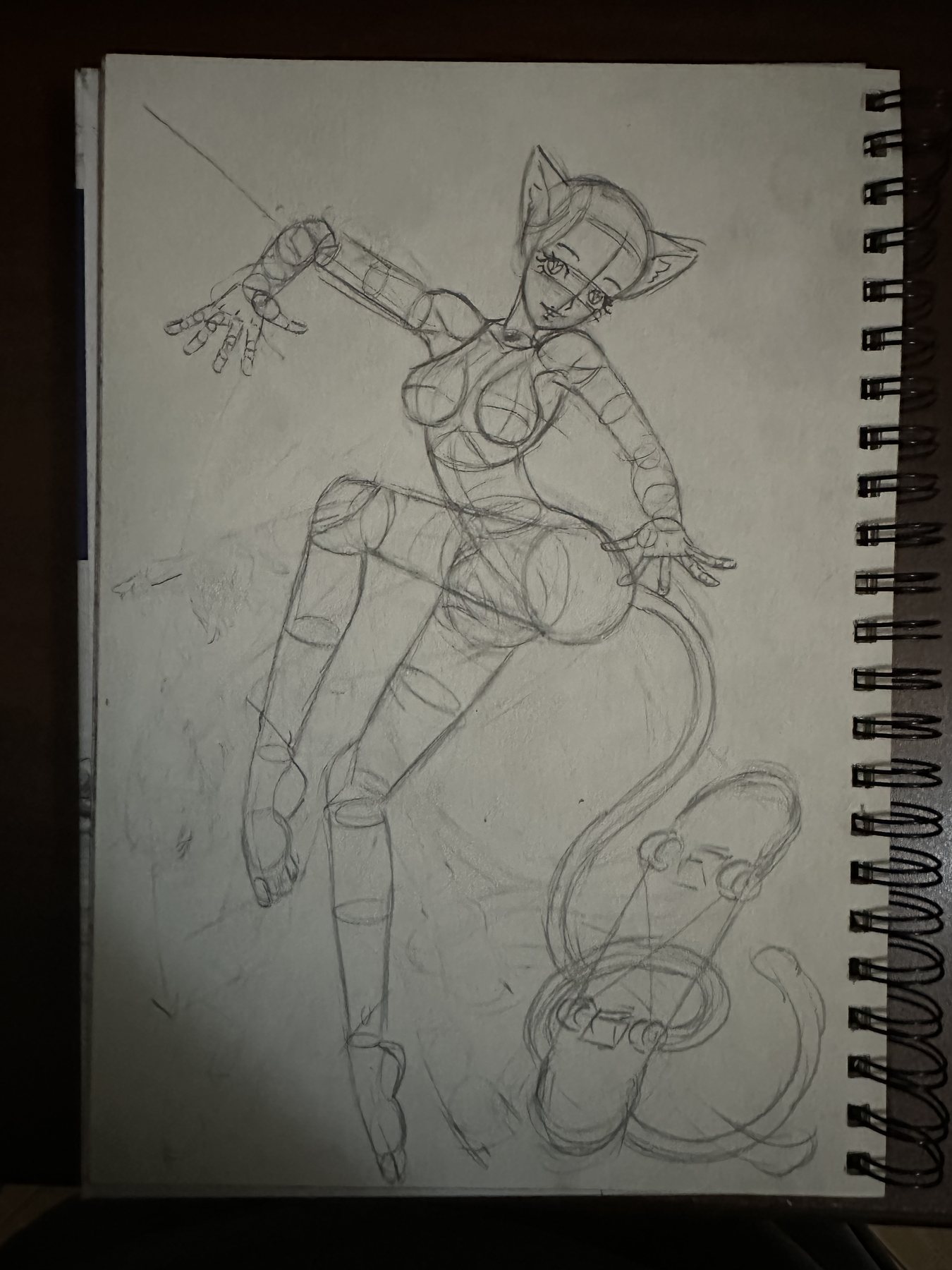 Graphite construction drawing of the skateboarding figure built from cylinders and boxes.