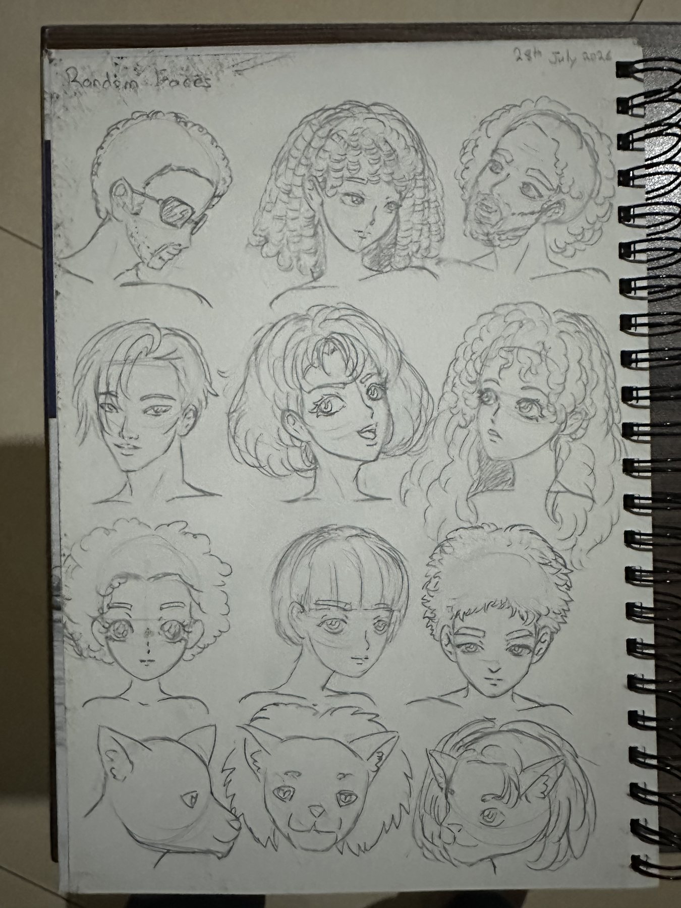 Sketchbook page of twelve graphite head studies with varied hair styles and species.