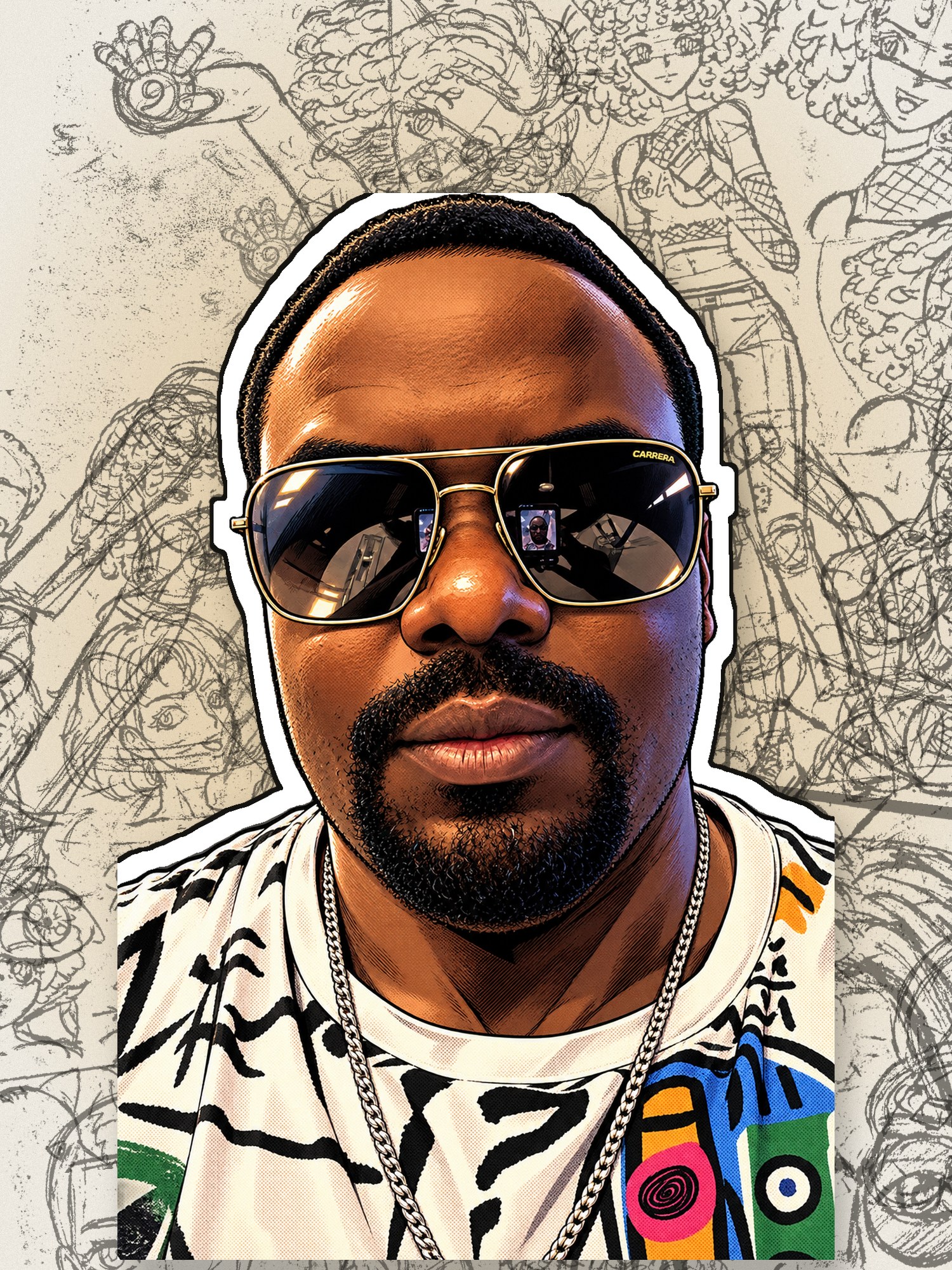 Emanzi Joash Kamugisha in gold-rimmed Carrera sunglasses, rendered as a comic-style cutout over a collage of his sketchbook drawings.
